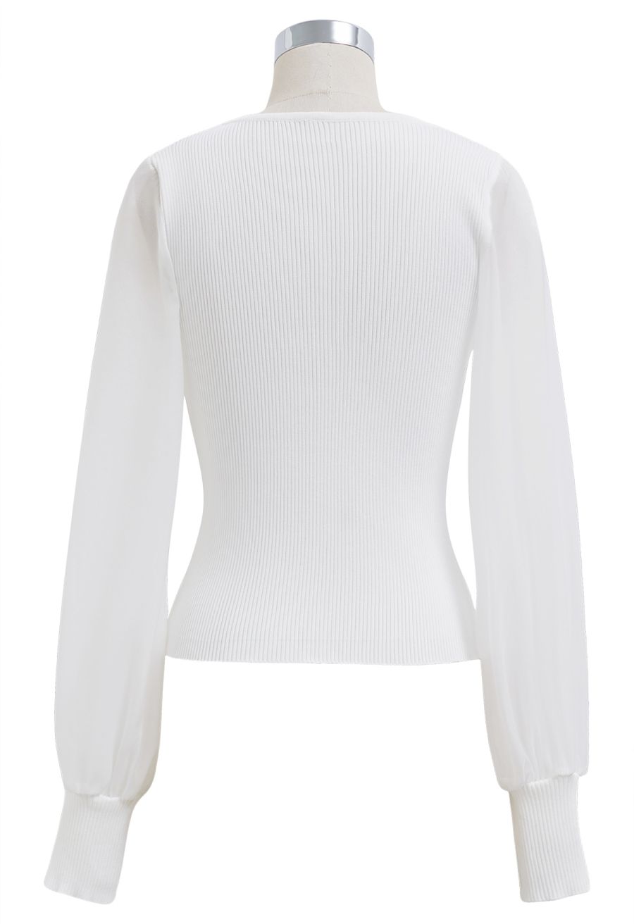 Beaded Flower V-Neck Bubble Sleeve Spliced Knit Top in White