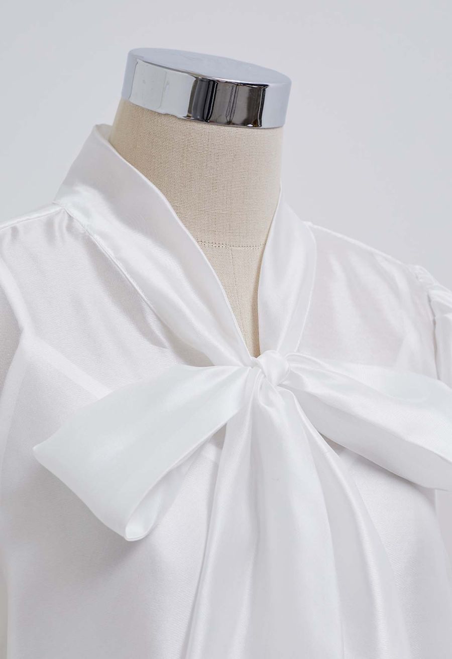Elegant Bowknot Puff Sleeves Sheer Shirt in White