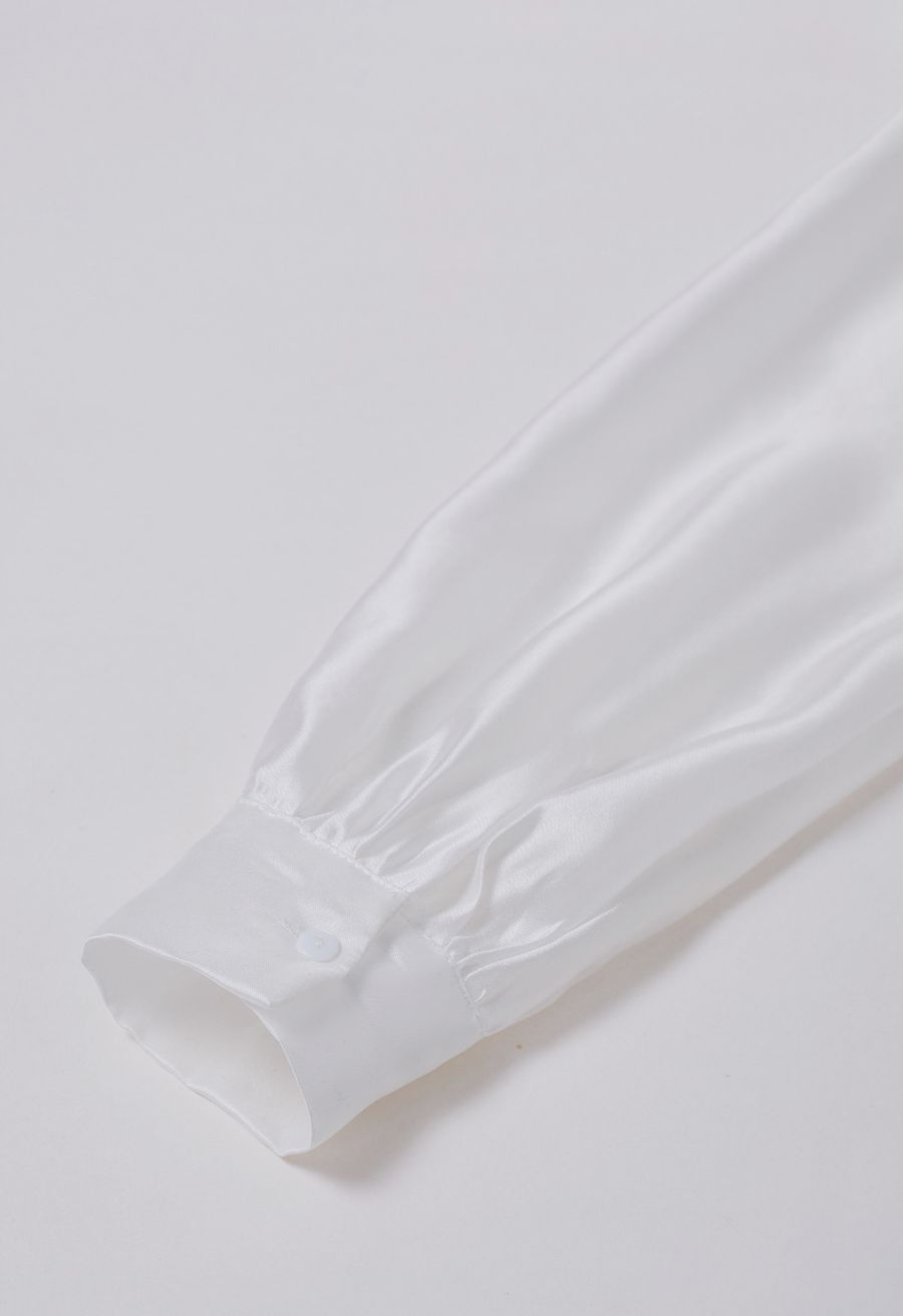 Elegant Bowknot Puff Sleeves Sheer Shirt in White