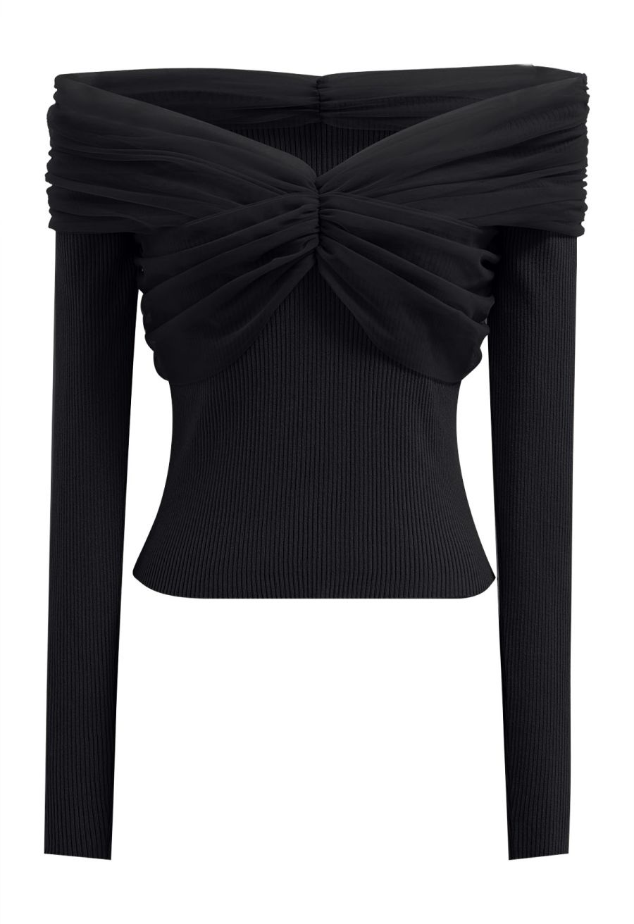 Off-Shoulder Mesh Spliced Knit Top in Black