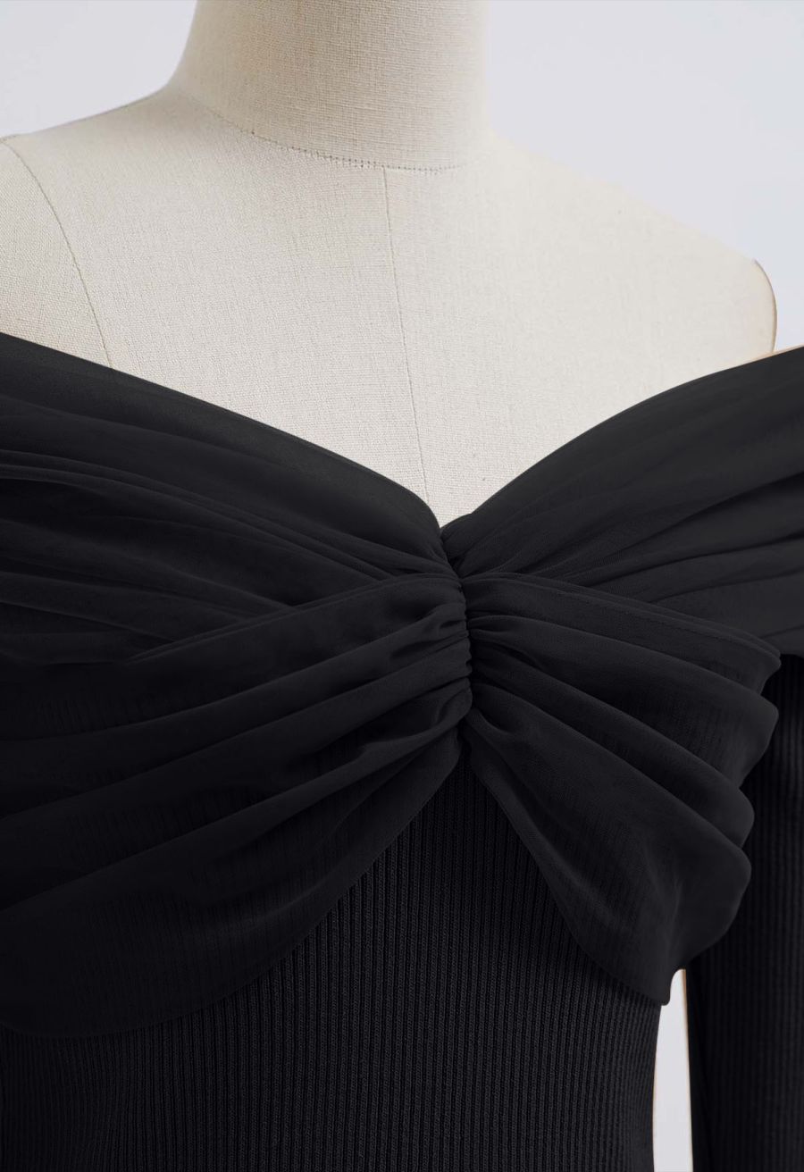 Off-Shoulder Mesh Spliced Knit Top in Black