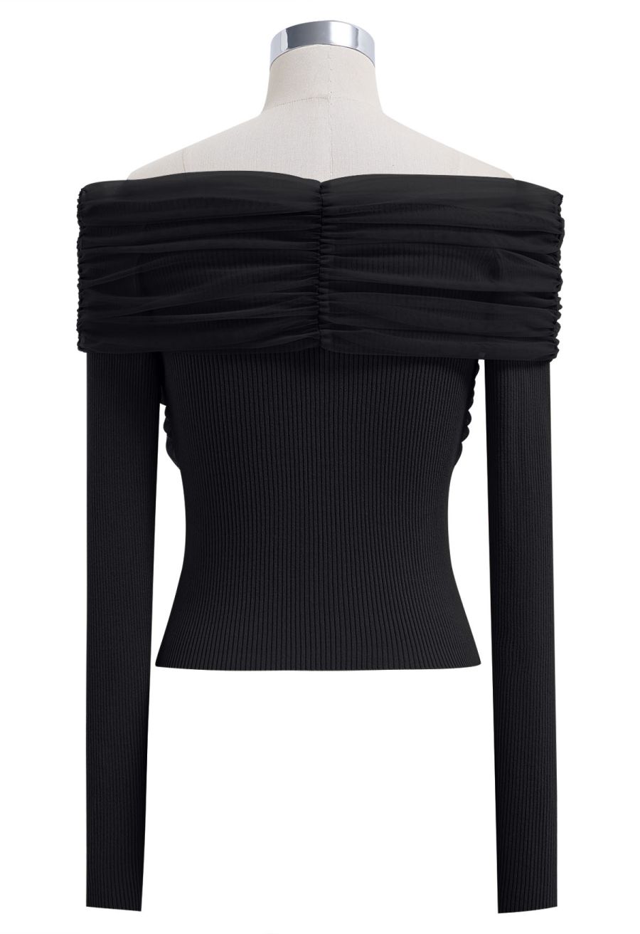 Off-Shoulder Mesh Spliced Knit Top in Black