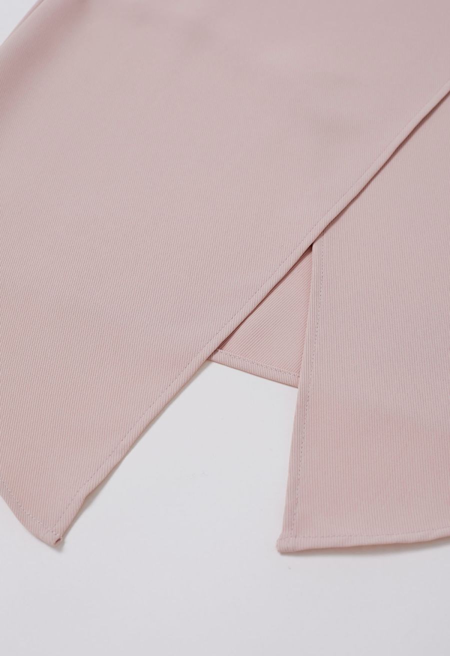 Buttoned Pleats Irregular Flap Midi Skirt in Pink