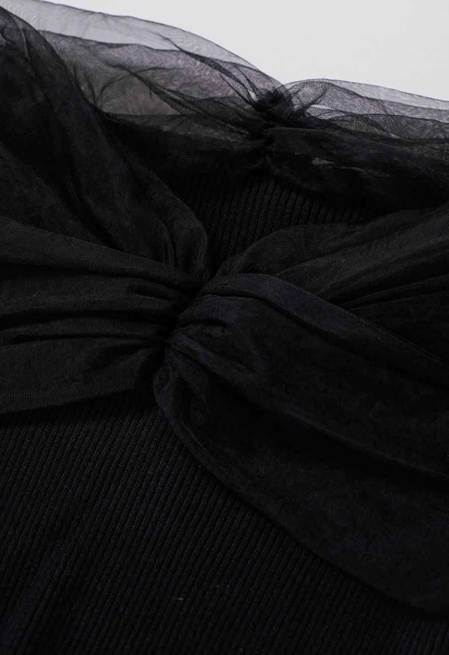 Off-Shoulder Mesh Spliced Knit Top in Black