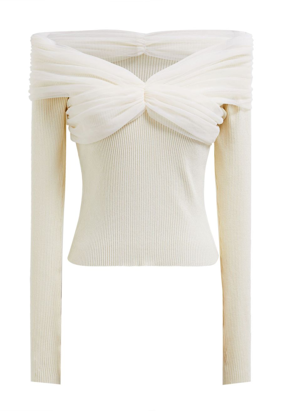 Off-Shoulder Mesh Spliced Knit Top in Cream