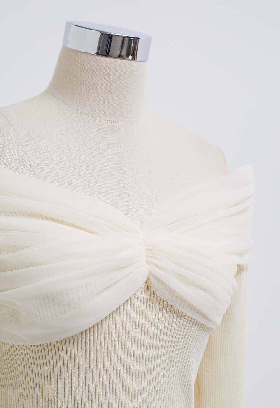 Off-Shoulder Mesh Spliced Knit Top in Cream