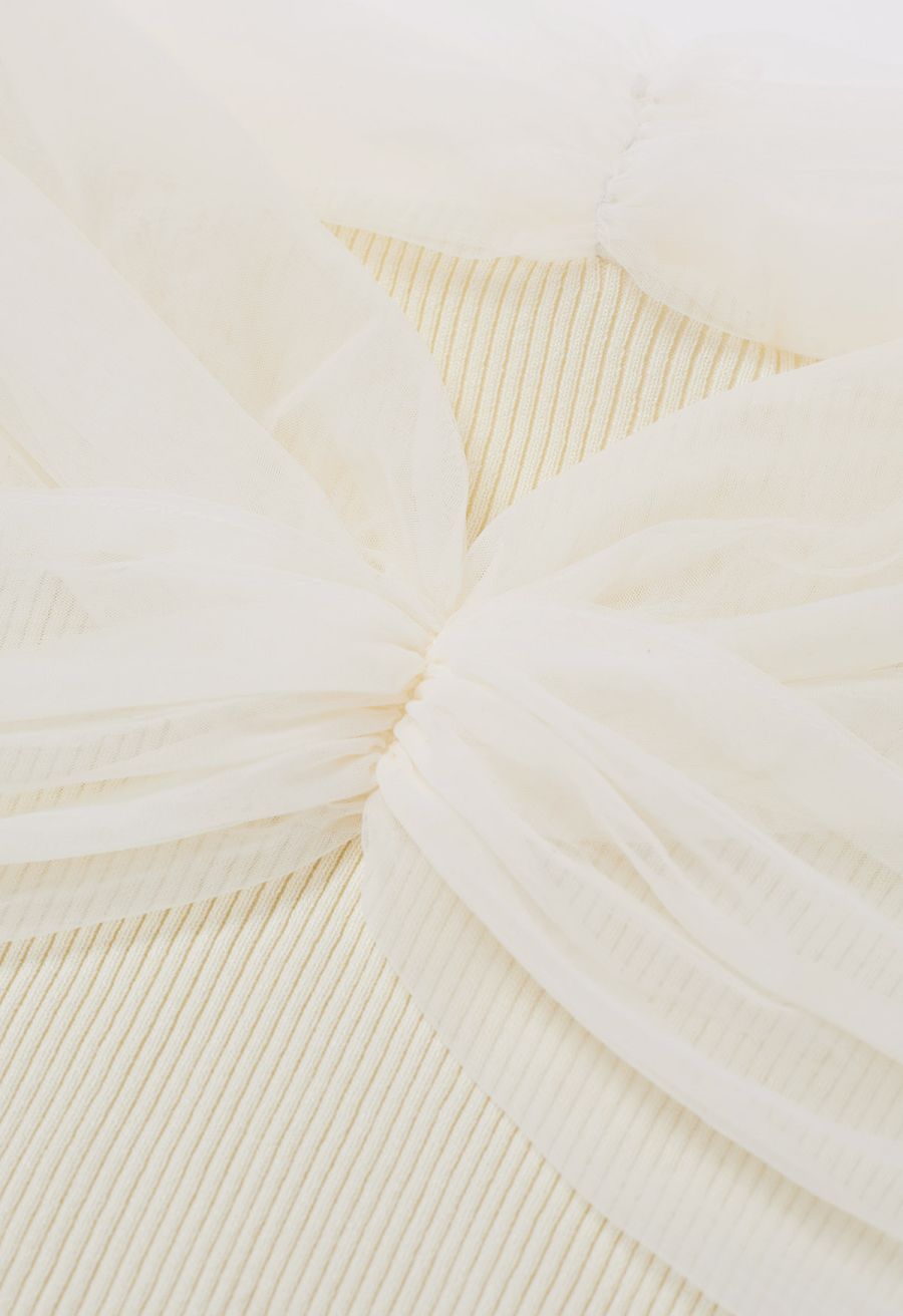 Off-Shoulder Mesh Spliced Knit Top in Cream