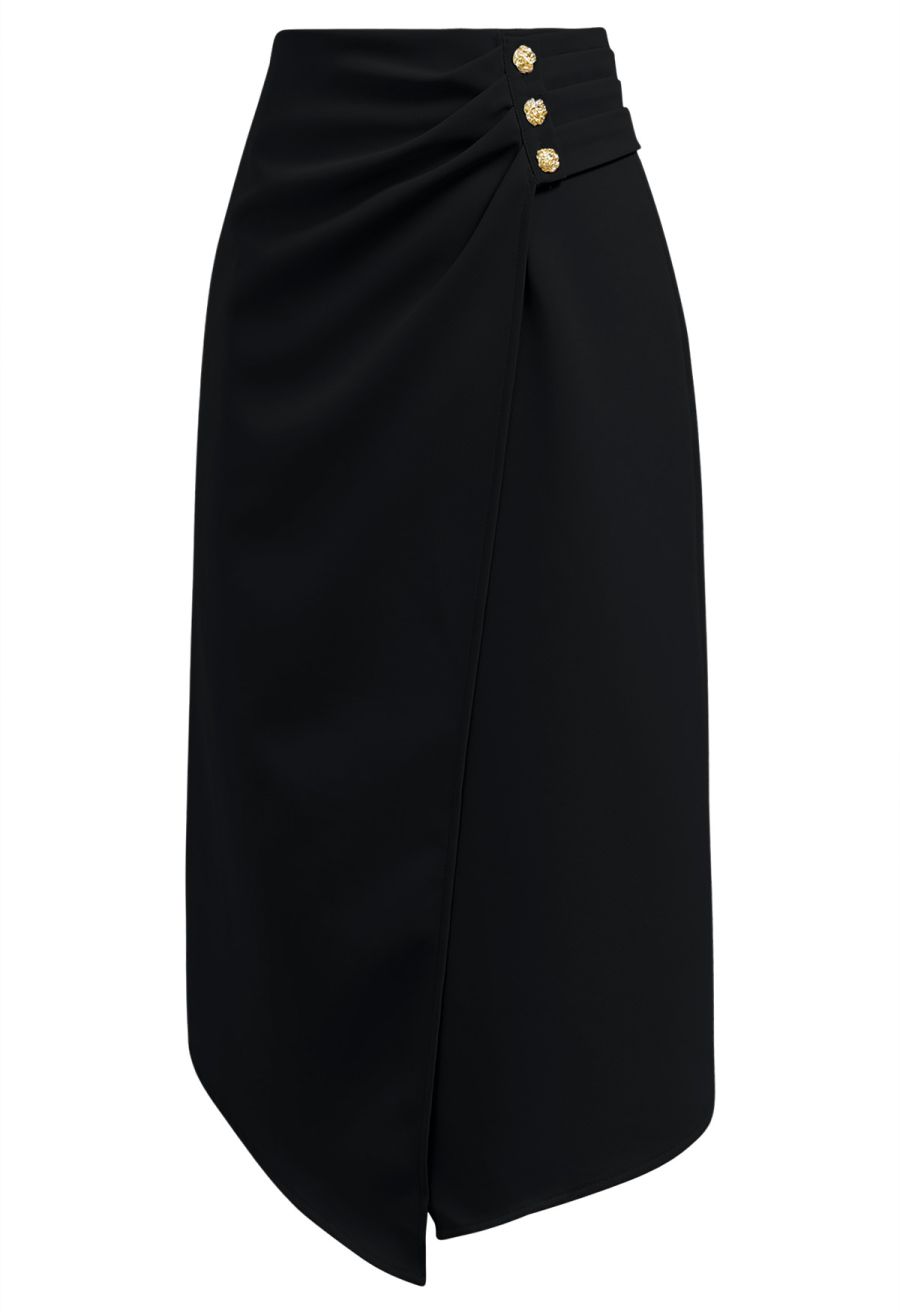 Buttoned Pleats Irregular Flap Midi Skirt in Black