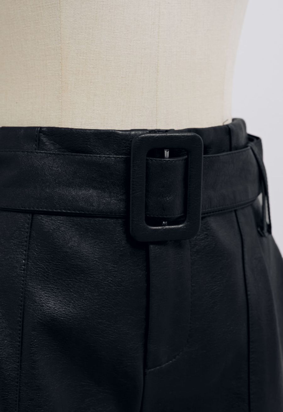 Urban Edge Faux Leather Belted Shorts in Black