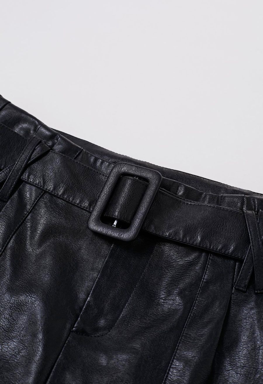 Urban Edge Faux Leather Belted Shorts in Black
