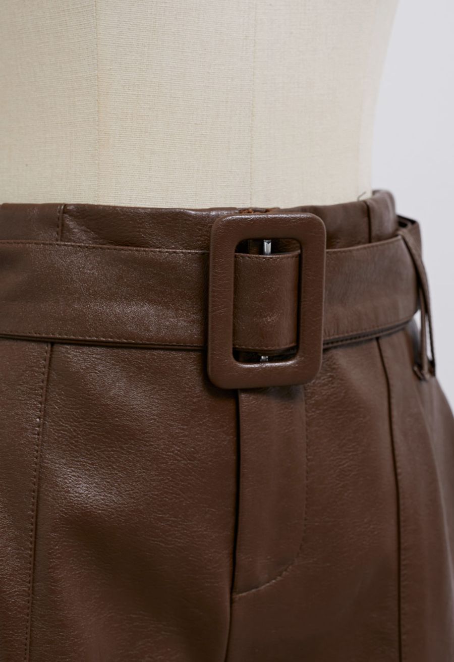 Urban Edge Faux Leather Belted Shorts in Brown