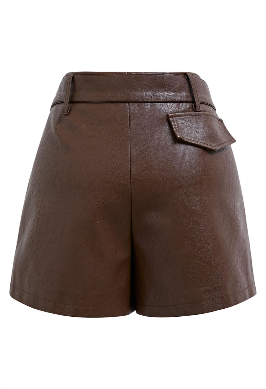 Urban Edge Faux Leather Belted Shorts in Brown