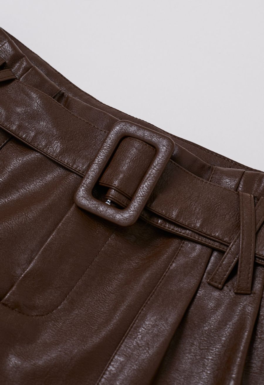 Urban Edge Faux Leather Belted Shorts in Brown