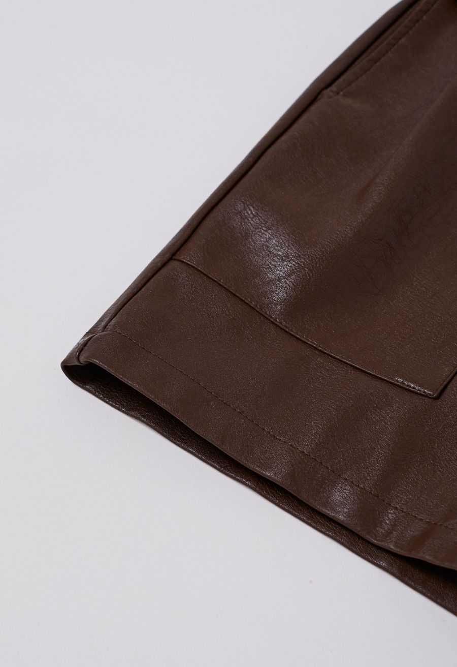 Urban Edge Faux Leather Belted Shorts in Brown