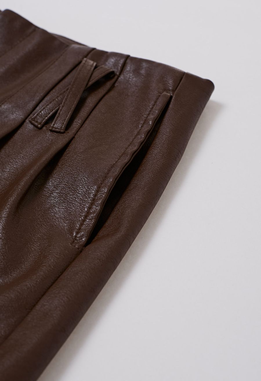 Urban Edge Faux Leather Belted Shorts in Brown