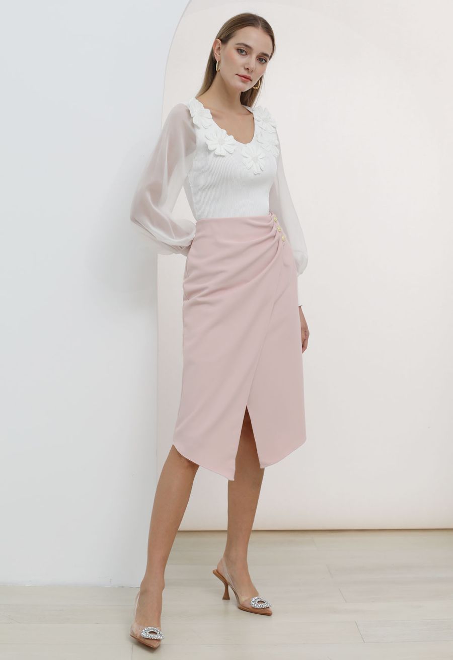 Beaded Flower V-Neck Bubble Sleeve Spliced Knit Top in White