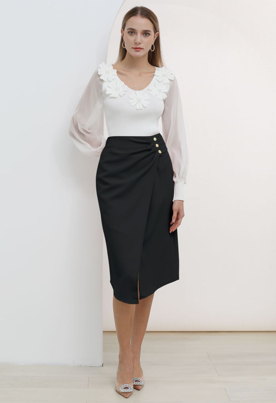 Buttoned Pleats Irregular Flap Midi Skirt in Black