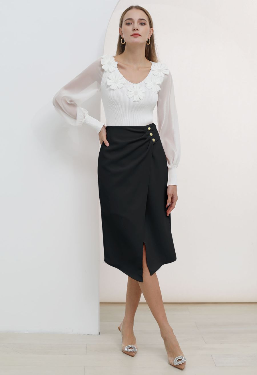 Buttoned Pleats Irregular Flap Midi Skirt in Black