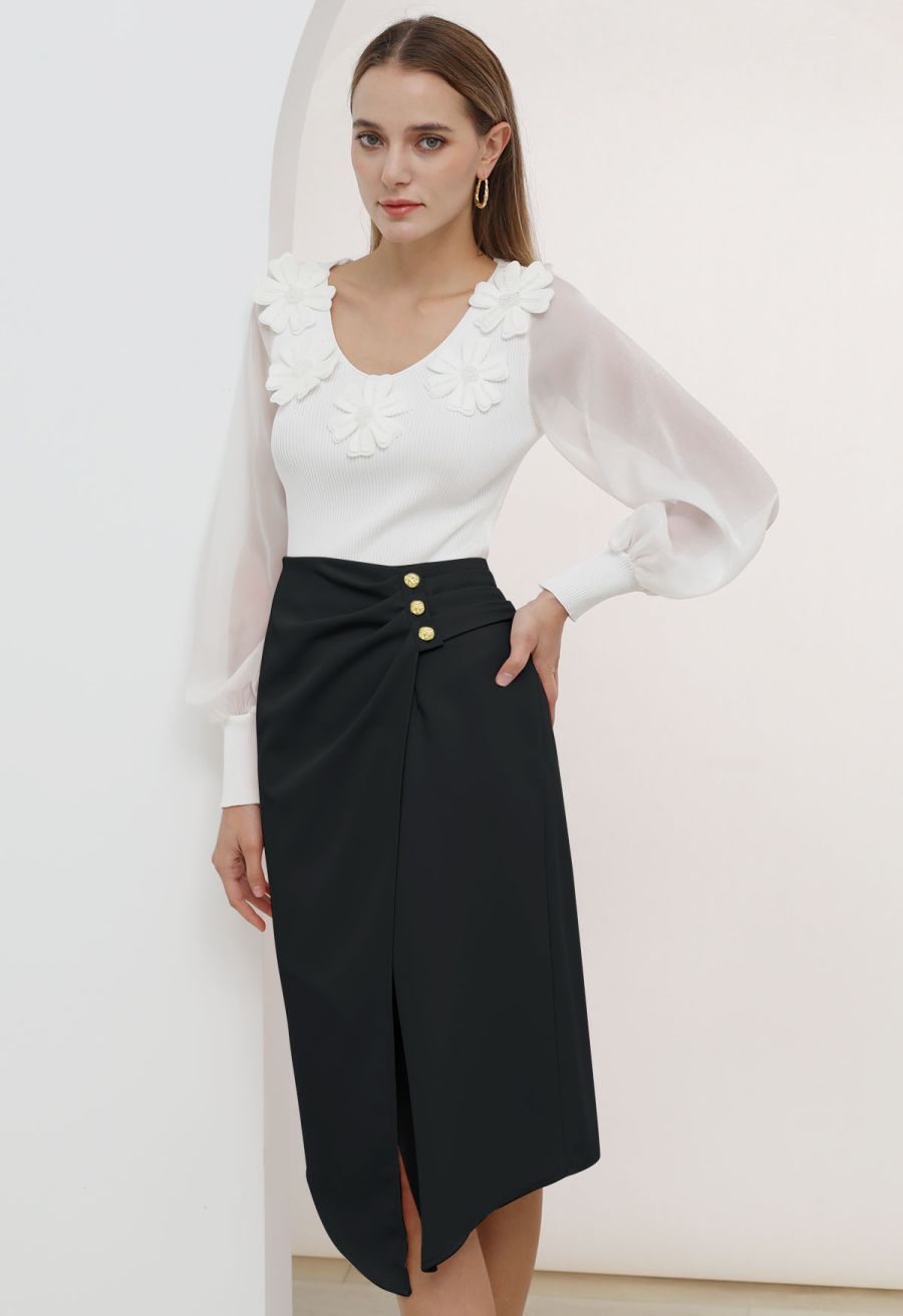 Buttoned Pleats Irregular Flap Midi Skirt in Black