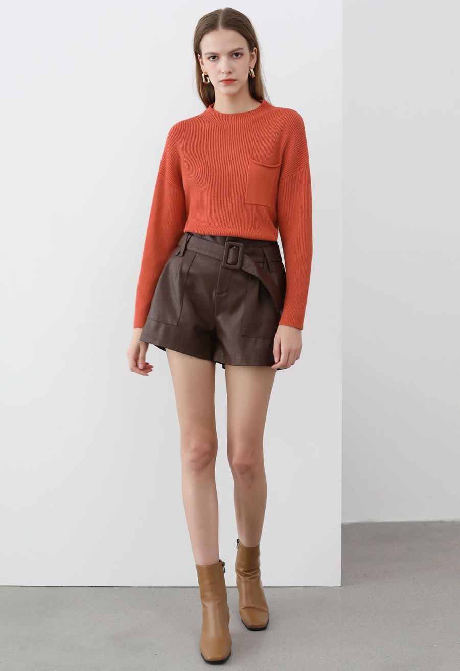 Urban Edge Faux Leather Belted Shorts in Brown