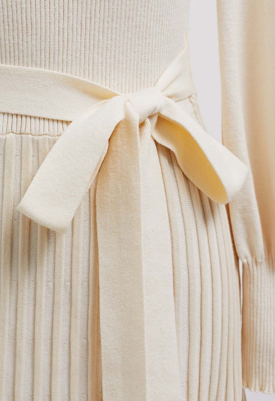 Captivating V-Neck Tie Waist Pleated Knit Dress in Cream