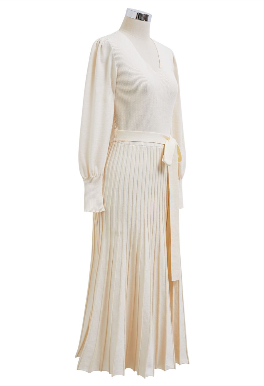 Captivating V-Neck Tie Waist Pleated Knit Dress in Cream