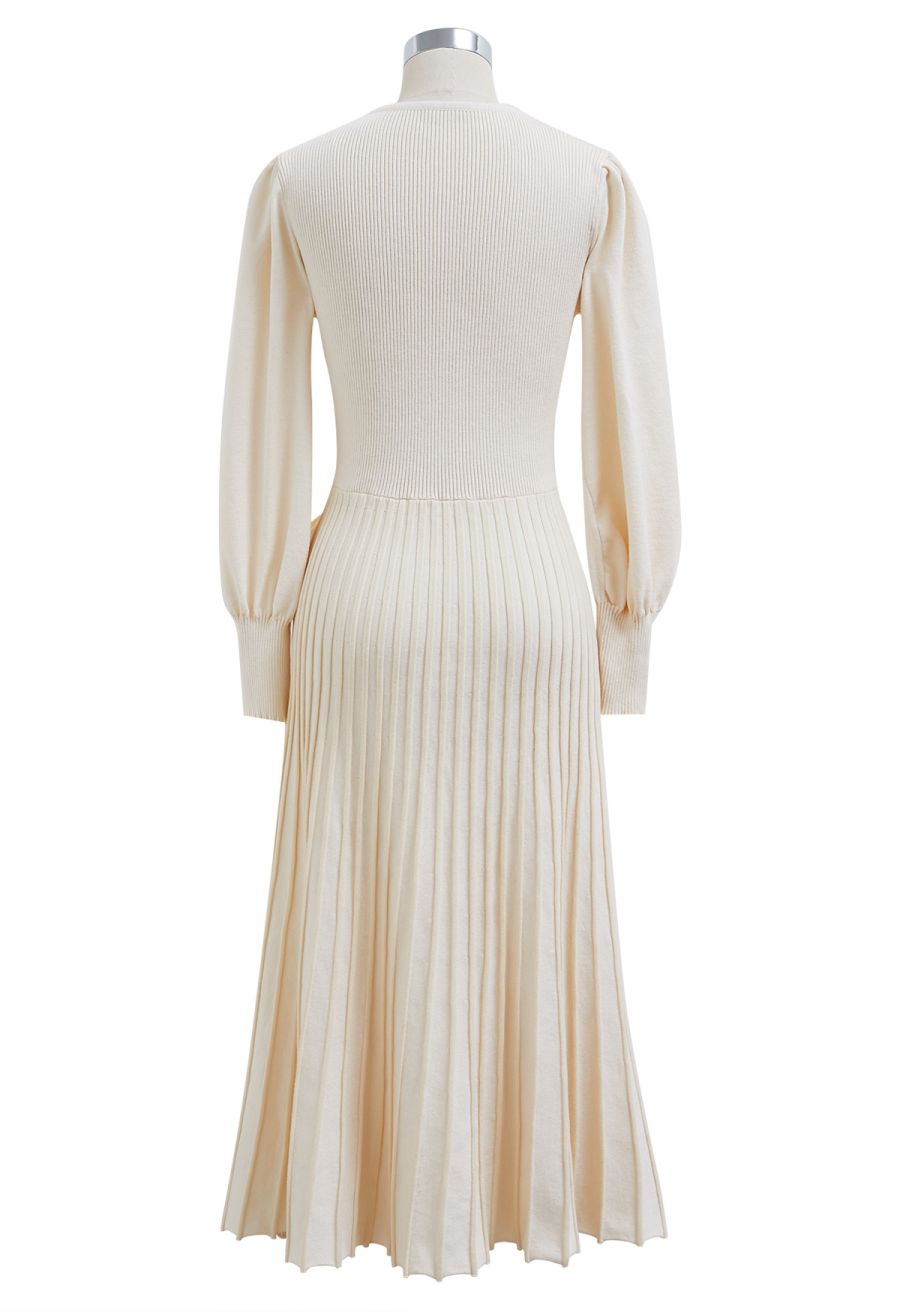 Captivating V-Neck Tie Waist Pleated Knit Dress in Cream