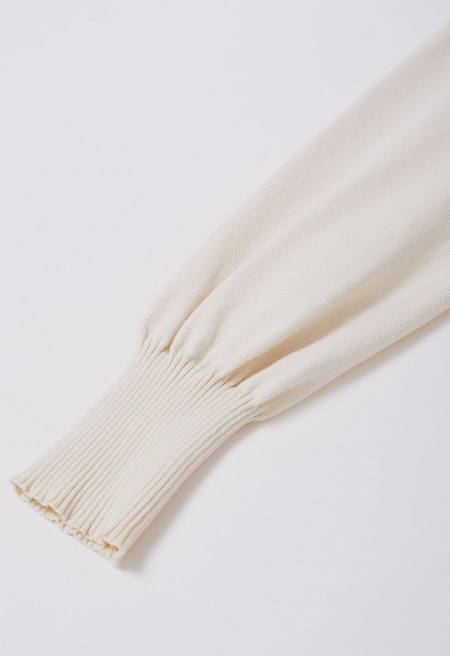 Captivating V-Neck Tie Waist Pleated Knit Dress in Cream