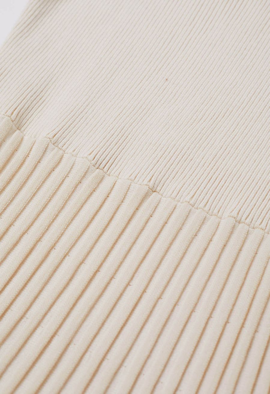 Captivating V-Neck Tie Waist Pleated Knit Dress in Cream