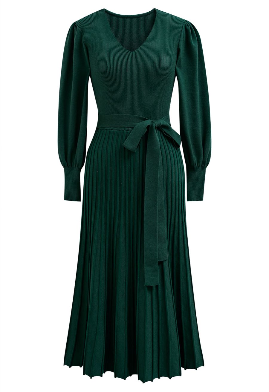 Captivating V-Neck Tie Waist Pleated Knit Dress in Dark Green