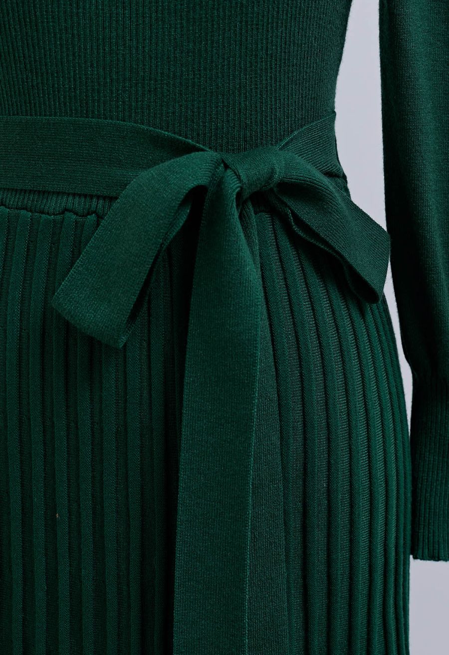 Captivating V-Neck Tie Waist Pleated Knit Dress in Dark Green