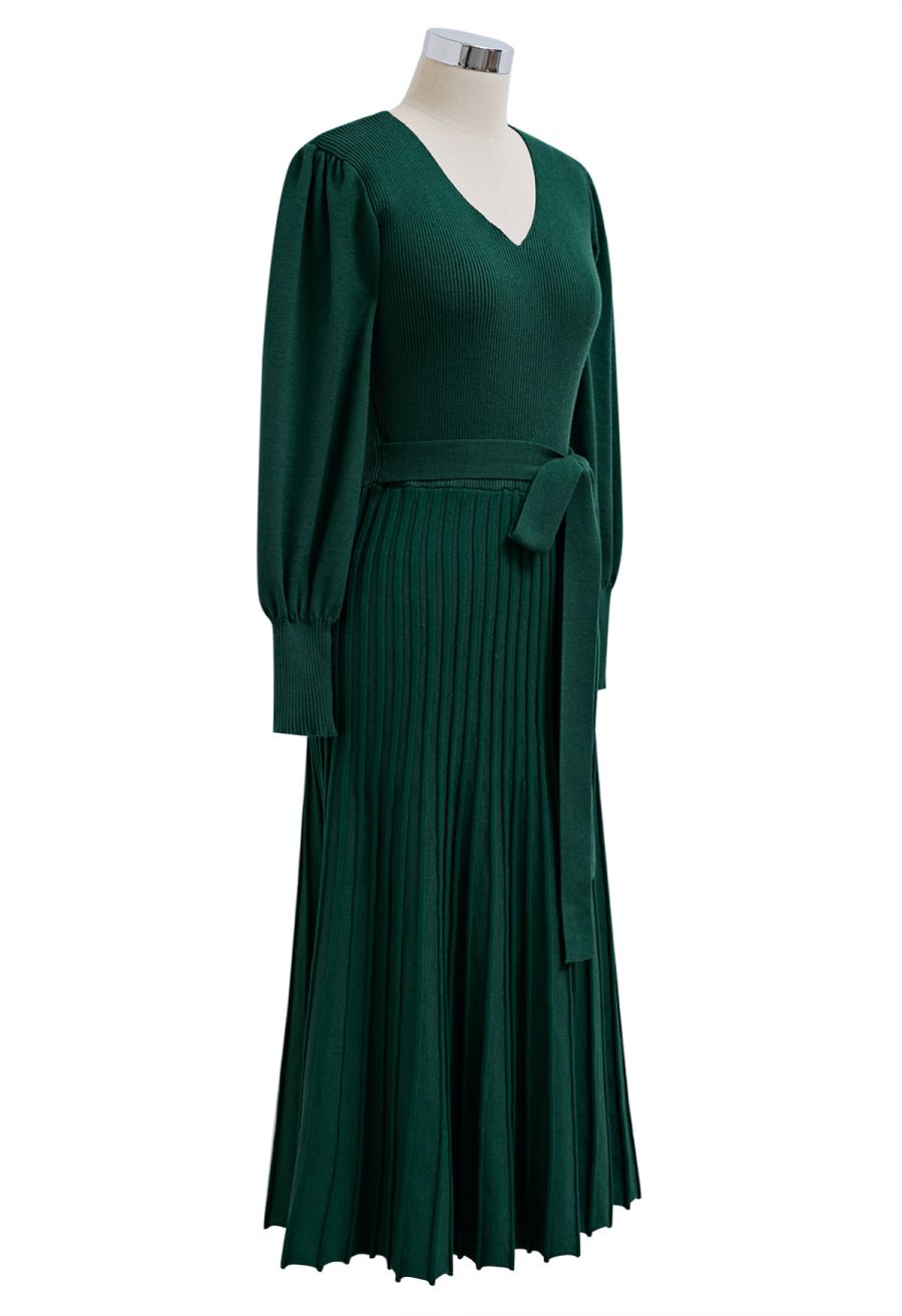 Captivating V-Neck Tie Waist Pleated Knit Dress in Dark Green