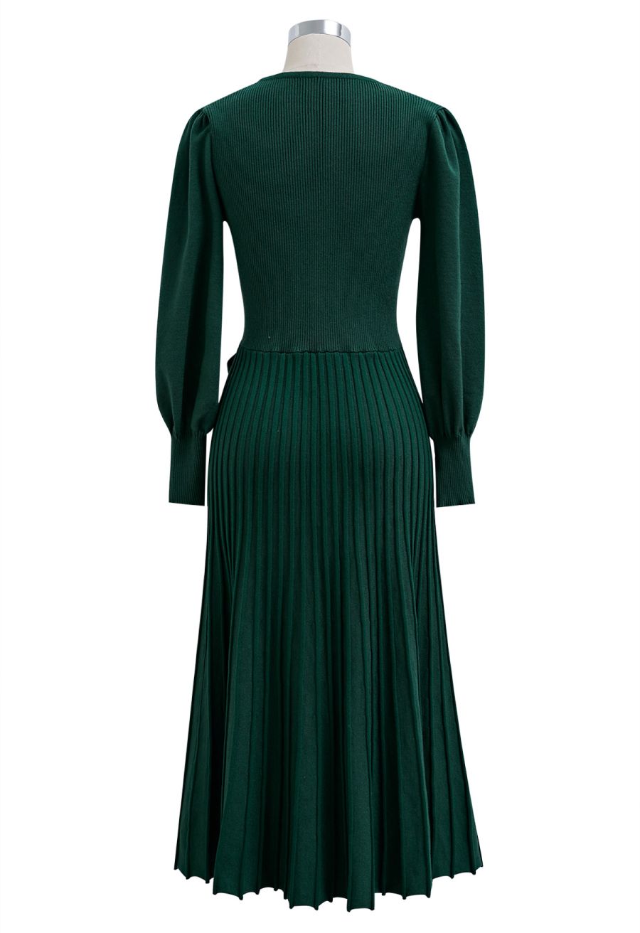 Captivating V-Neck Tie Waist Pleated Knit Dress in Dark Green