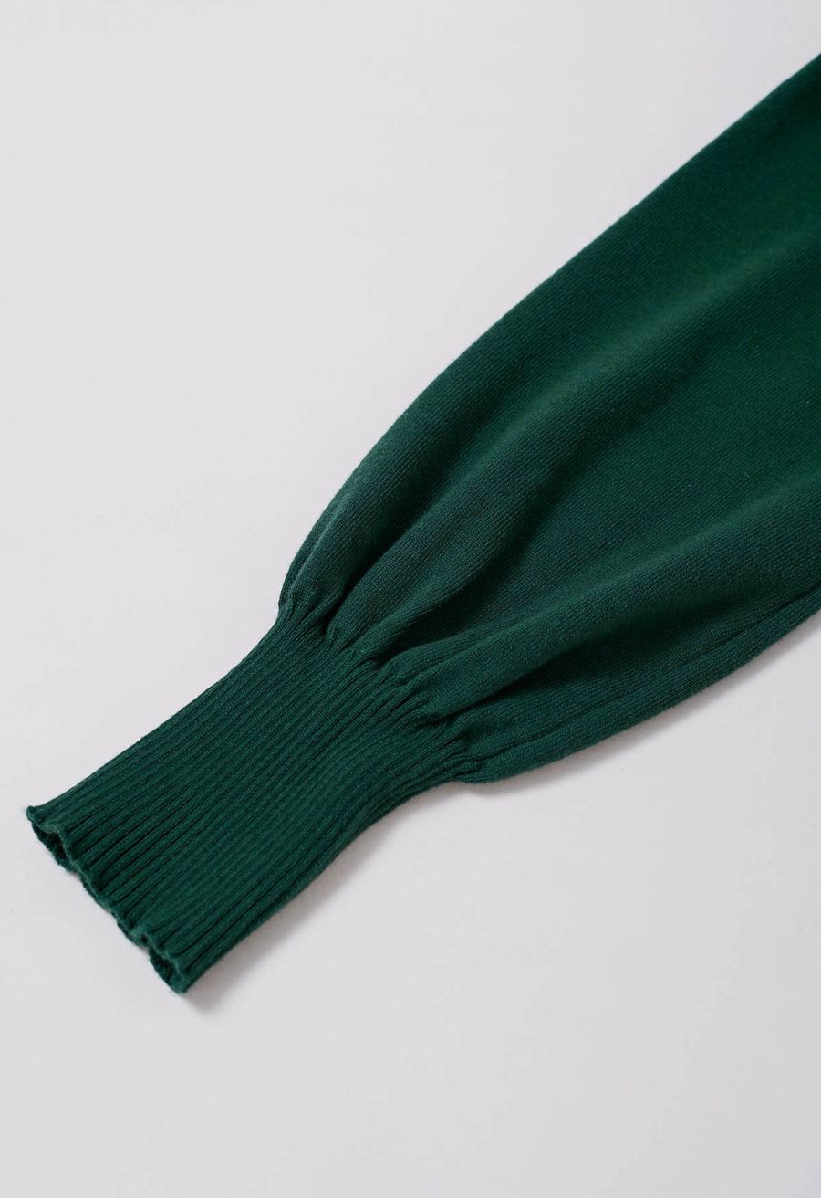 Captivating V-Neck Tie Waist Pleated Knit Dress in Dark Green