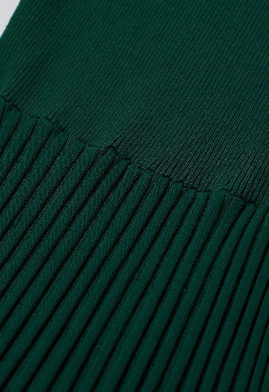 Captivating V-Neck Tie Waist Pleated Knit Dress in Dark Green
