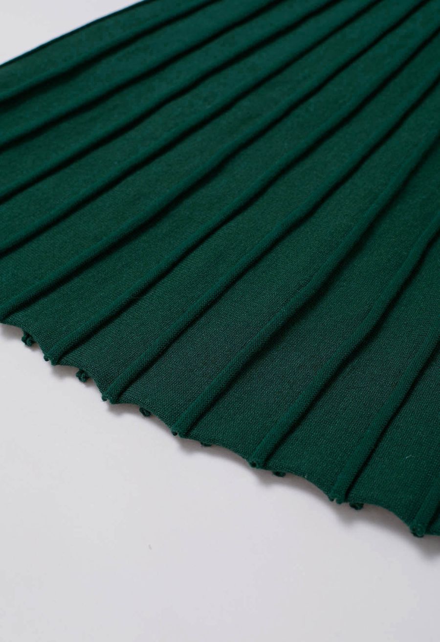 Captivating V-Neck Tie Waist Pleated Knit Dress in Dark Green