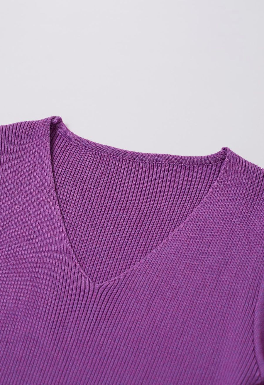 Captivating V-Neck Tie Waist Pleated Knit Dress in Purple