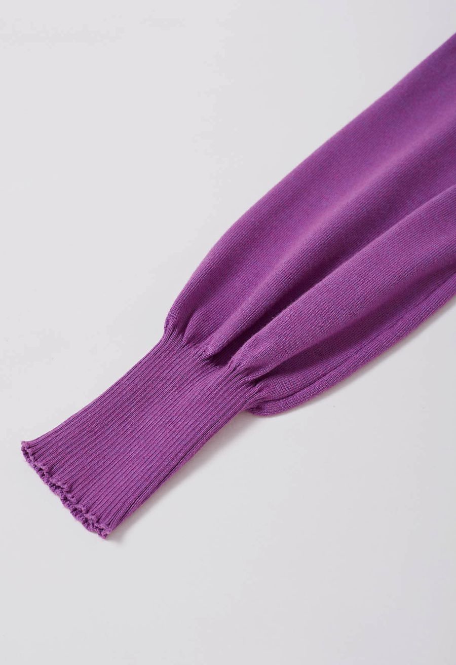Captivating V-Neck Tie Waist Pleated Knit Dress in Purple