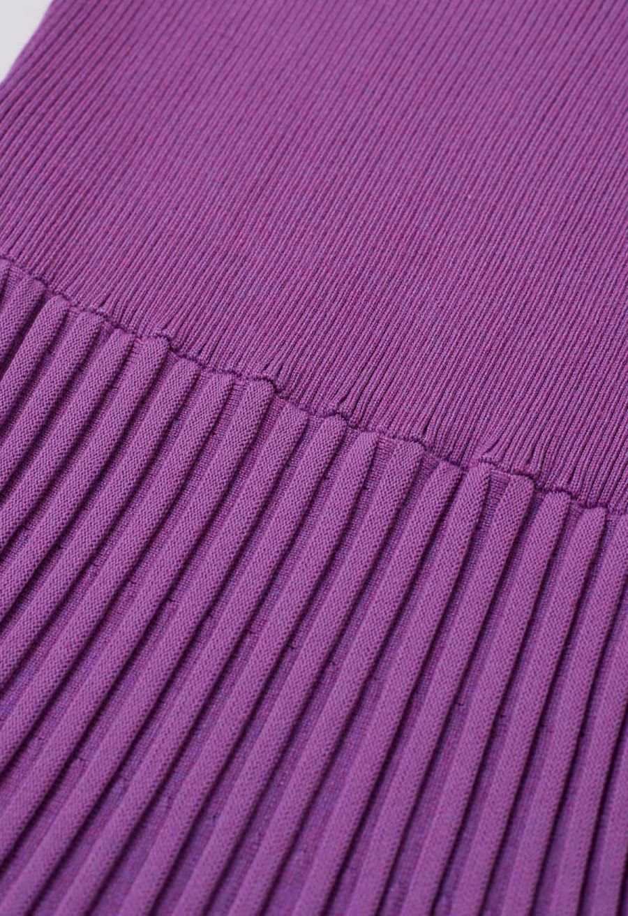 Captivating V-Neck Tie Waist Pleated Knit Dress in Purple