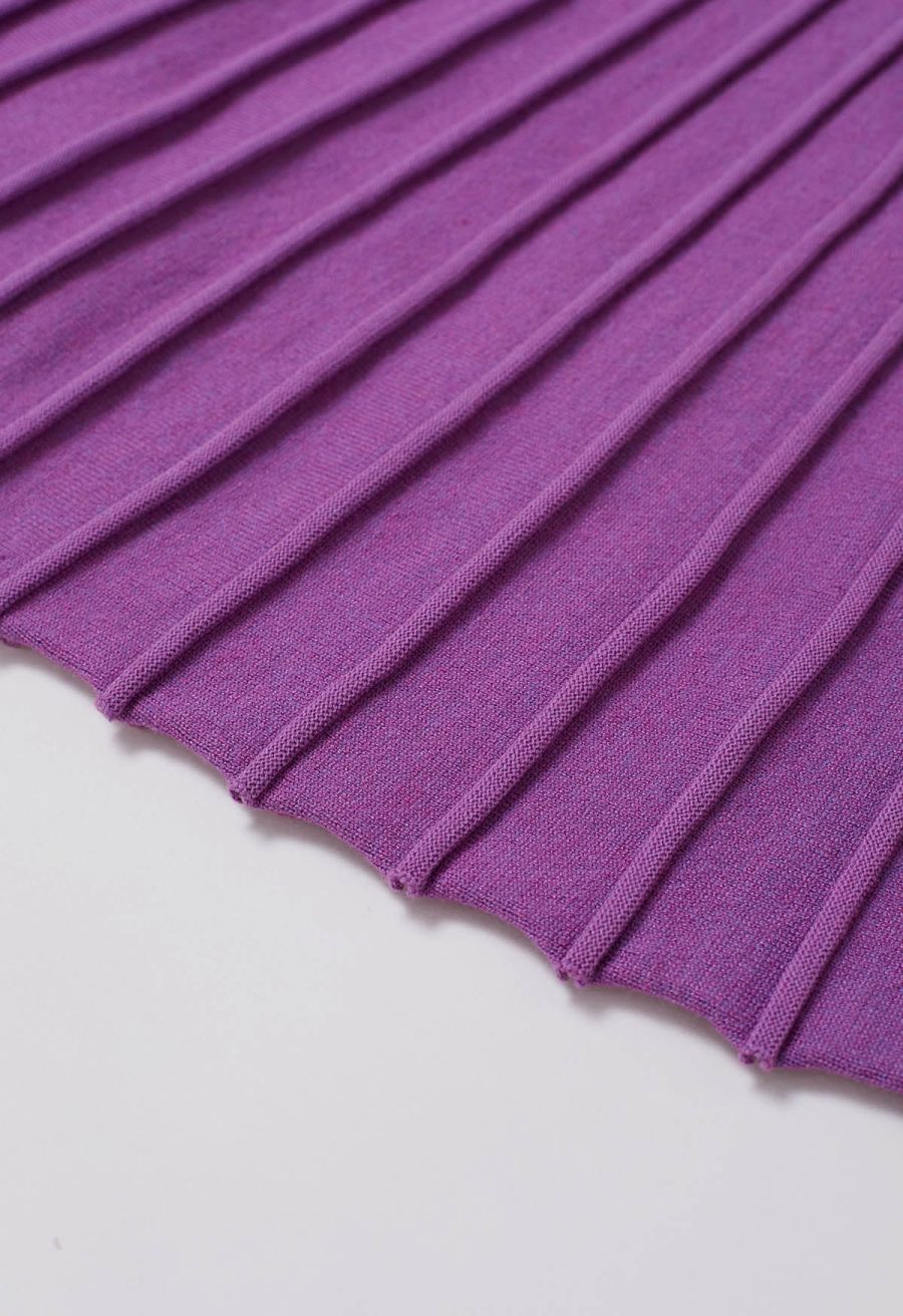 Captivating V-Neck Tie Waist Pleated Knit Dress in Purple
