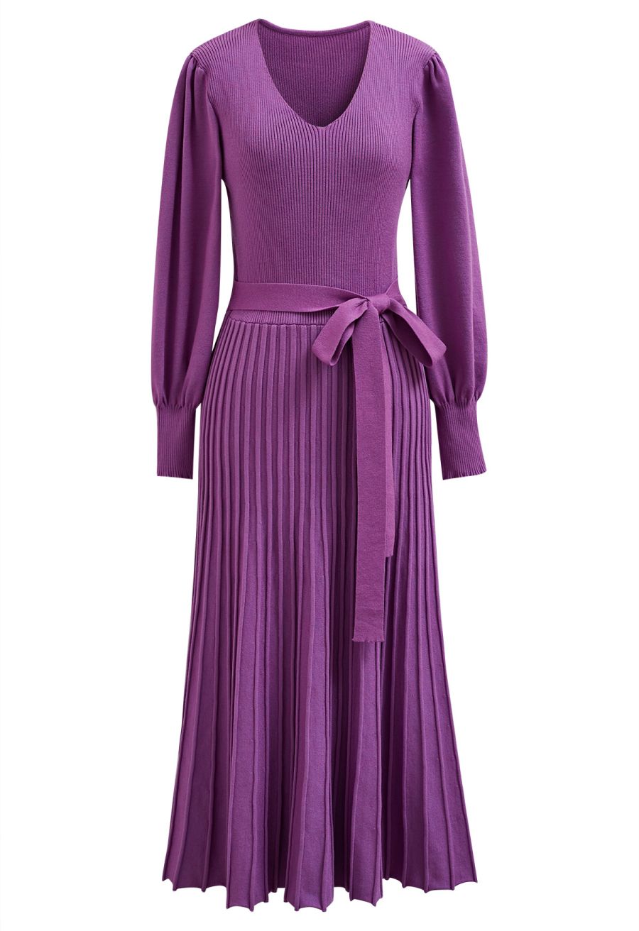 Captivating V-Neck Tie Waist Pleated Knit Dress in Purple