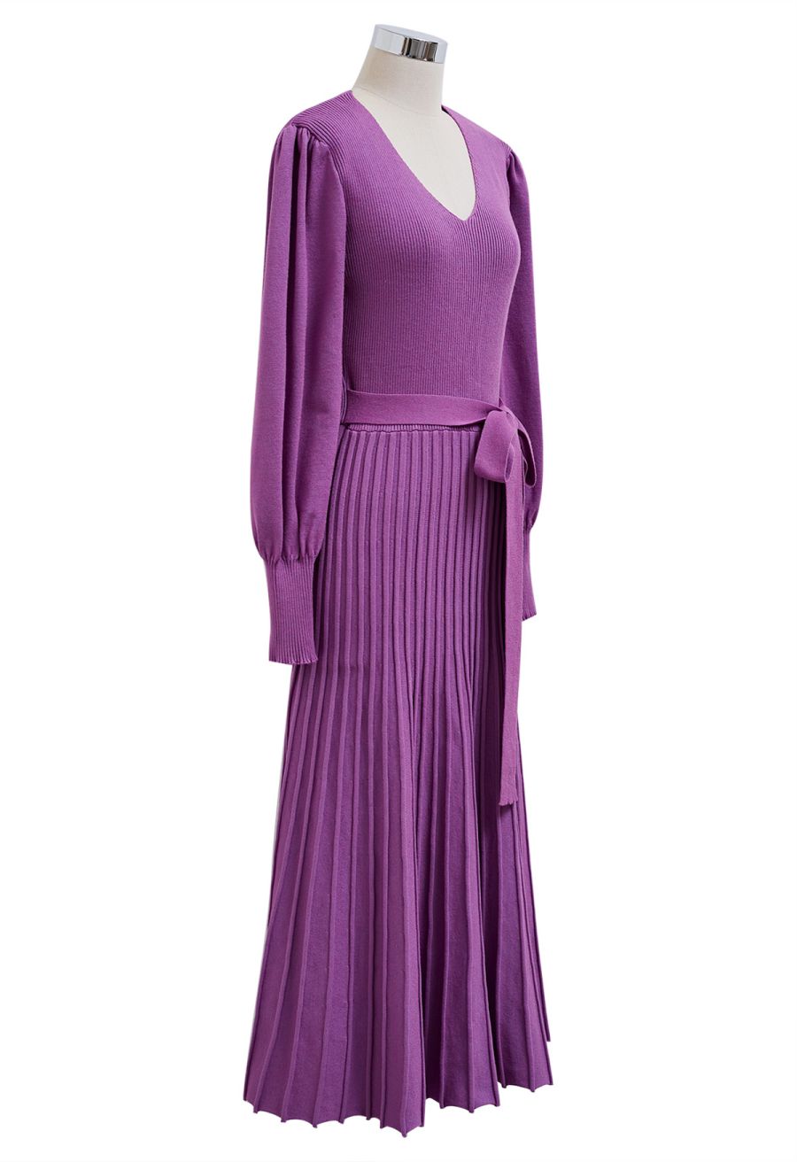 Captivating V-Neck Tie Waist Pleated Knit Dress in Purple