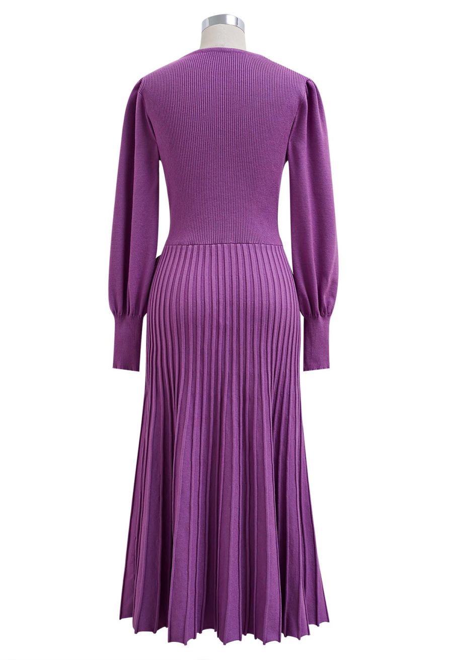 Captivating V-Neck Tie Waist Pleated Knit Dress in Purple