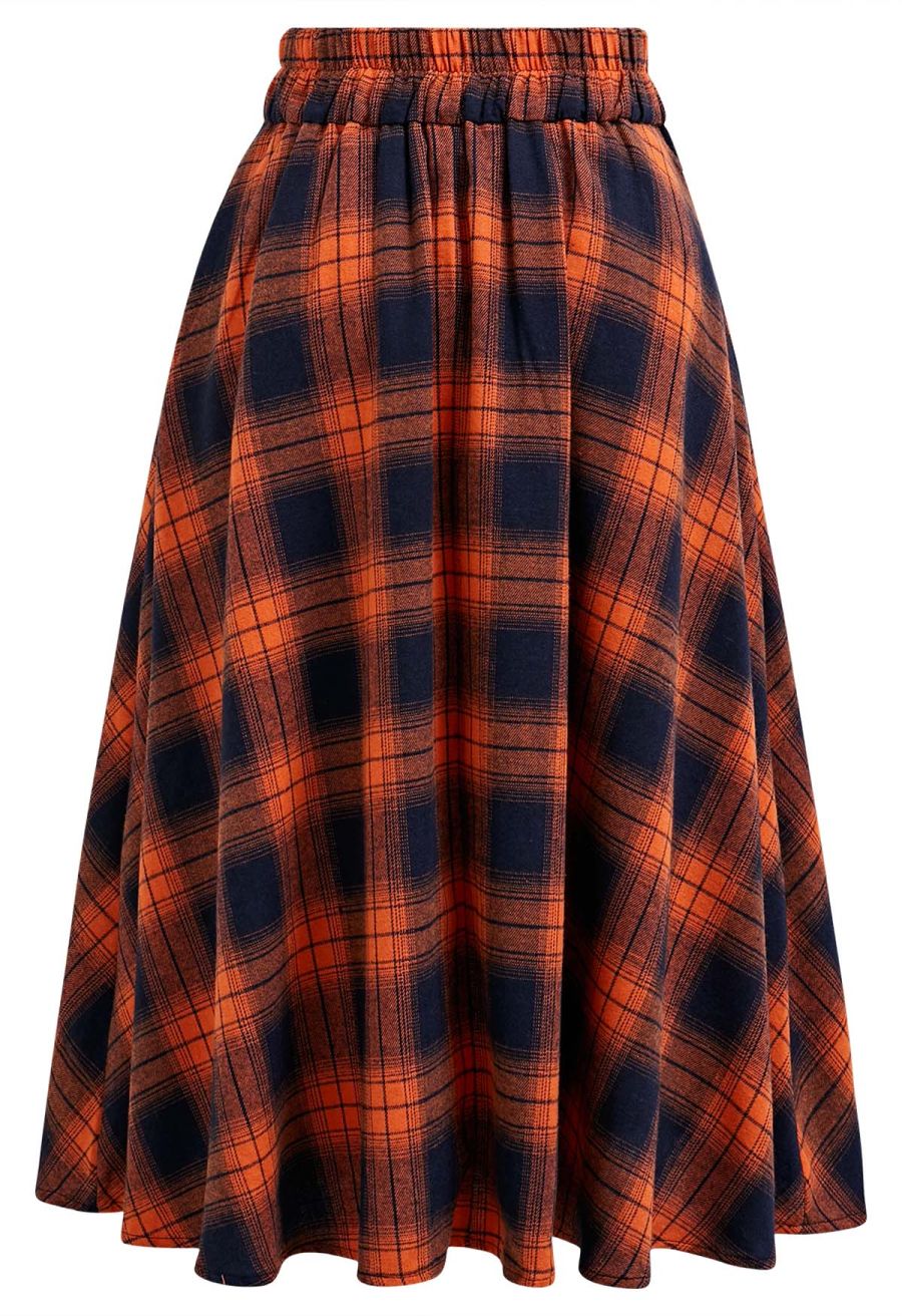 Pumpkin Check A-Line Midi Skirt