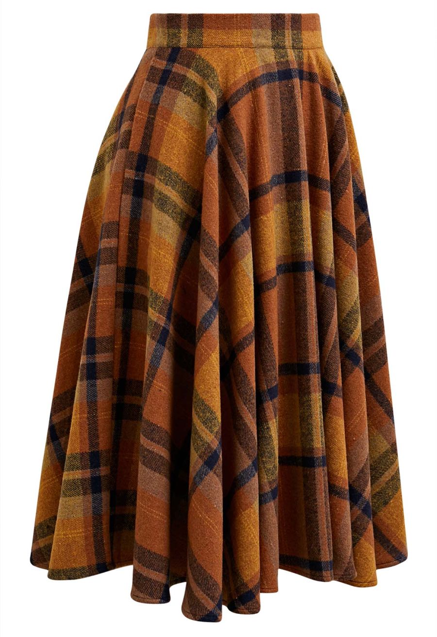 Perfect in Plaid A-Line Wool-Blend Midi Skirt in Pumpkin
