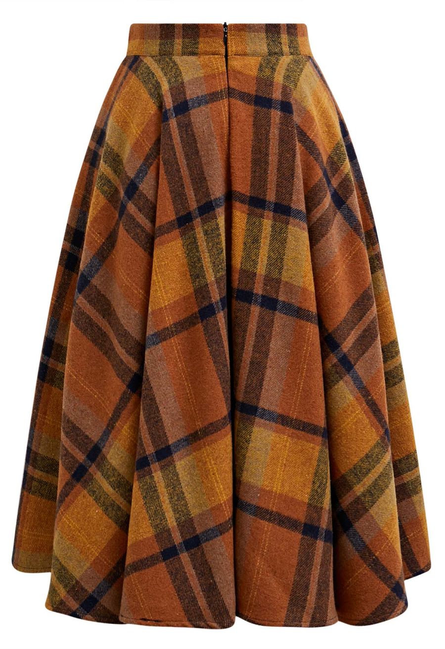 Perfect in Plaid A-Line Wool-Blend Midi Skirt in Pumpkin