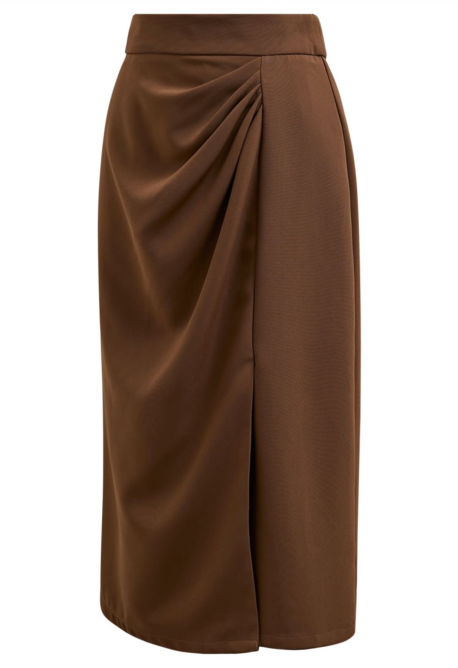 Enchanting Pleats Front Slit Pencil Skirt in Tan
