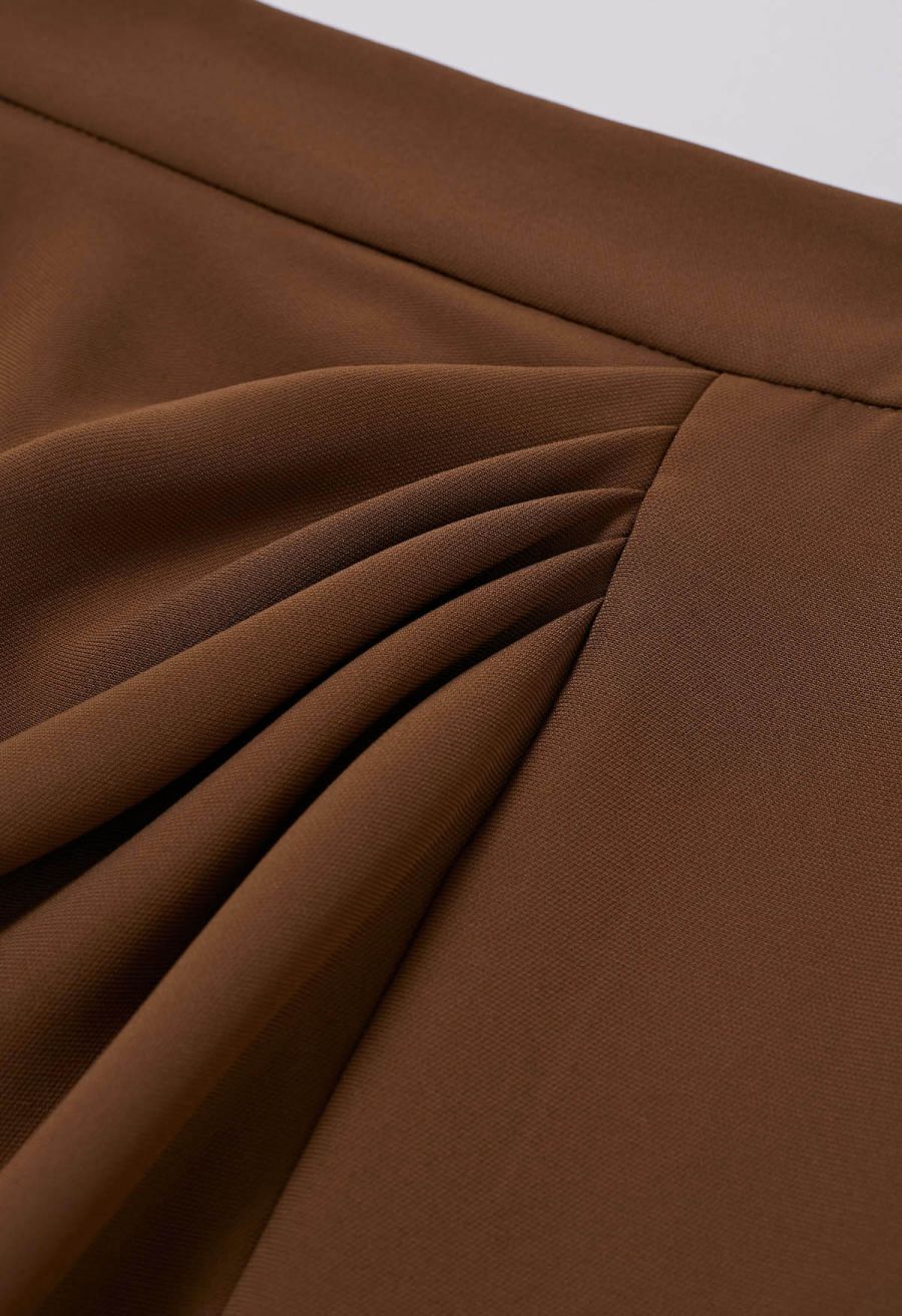 Enchanting Pleats Front Slit Pencil Skirt in Tan