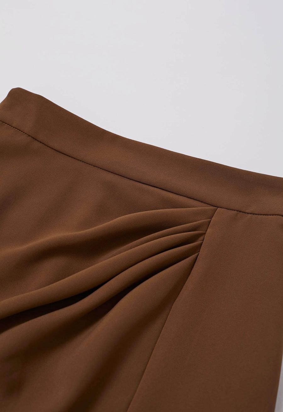 Enchanting Pleats Front Slit Pencil Skirt in Tan