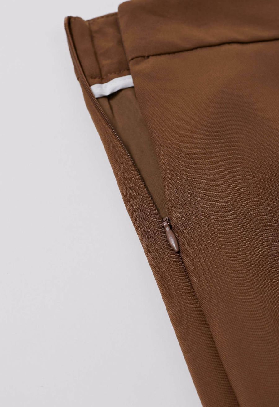 Enchanting Pleats Front Slit Pencil Skirt in Tan
